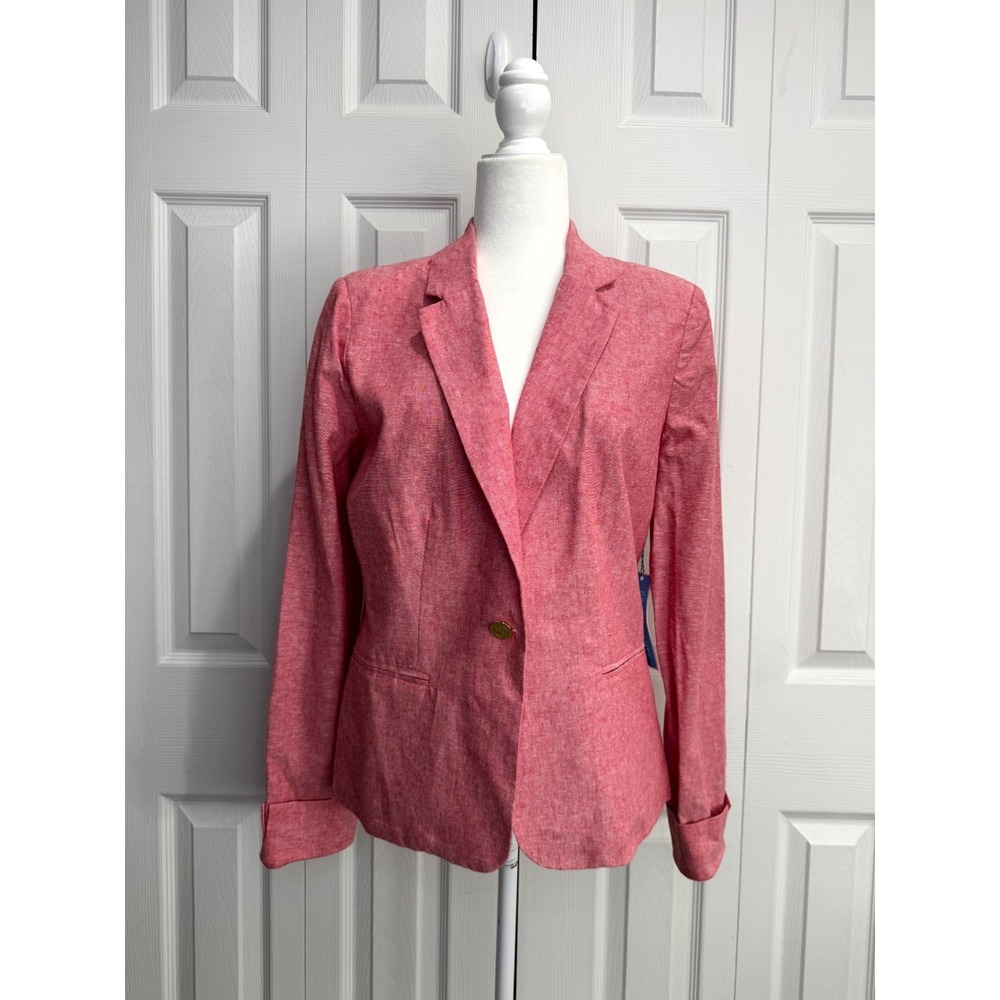 NWT Draper James RSVP‎ Blazer Women's Medium Pink/Red Textured One Button Linen